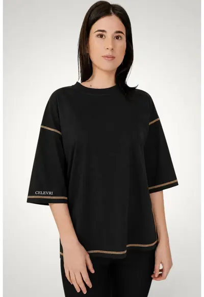 Tricou dama - oversize - cusaturi decorative - bumbac premium - Negru