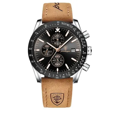 Ceas barbatesc de mana Poedagar Analog Quartz Cronograf Piele naturala Maro Negru