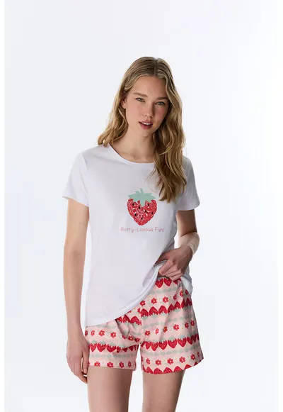 Pijama cu pantaloni scurti din bumbac si model capsune - Rosu/Alb/Nude rose