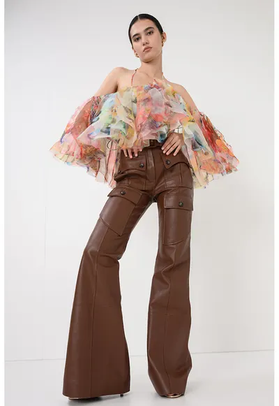 Pantaloni evazati din piele cu talie inalta si buzunare multiple - Maro cognac