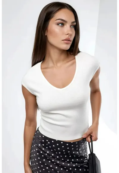 Tricou dama - Decolteu in V - Alb - Bumbac/Poliester
