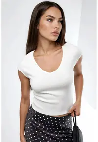 Tricou dama - Decolteu in V - Alb - Bumbac/Poliester