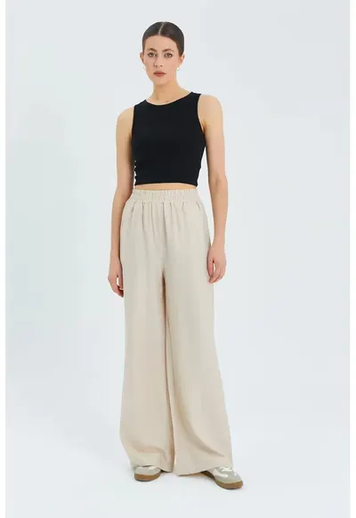 Pantaloni dama - talie inalta - picior larg - textil - bej natural