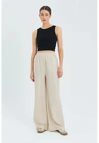 Pantaloni dama - talie inalta - picior larg - textil - bej natural