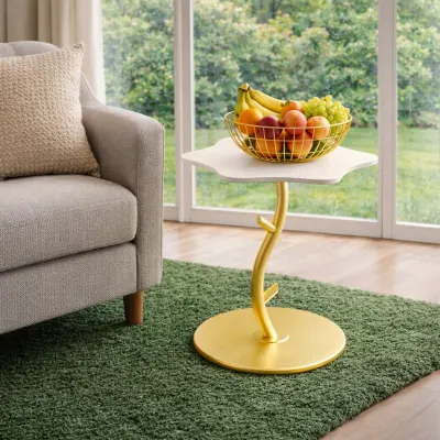 Masuta decorativa moderna, design petala, blat curbat, suport metalic auriu 45 x 50 CM
