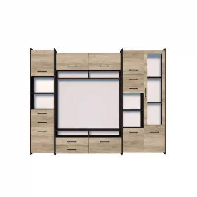 Living MOKKA II, 3 corpuri, corp PAL maro inchis, fronturi PAL stejar, 232x53x200 cm