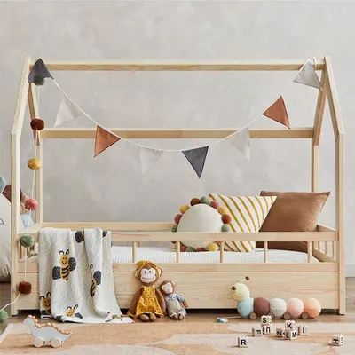 Pat pentru copii casuta Montessori, Little Amy, MonteHouse, Natur, 100 x 180 cm