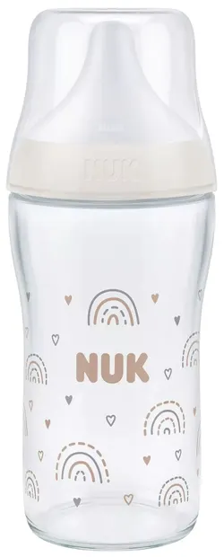 Biberon de sticlă cu tetină din silicon NUK Perfect Match - TC, 230 ml, mărimea M, 3 luni+, Curcubeu