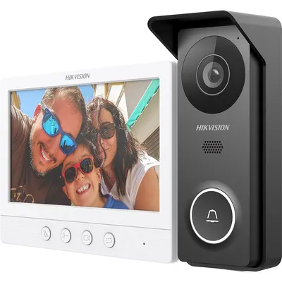 Kit videointerfon pe 4 fire Hikvision DS-KIS213(B), 1 familie, aparent, ecran 7 inch, IR 3 m, microfon si difuzor, plug and play