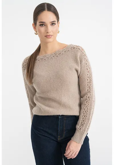 Pulover din amestec de lana cu detalii perforate - Maro taupe
