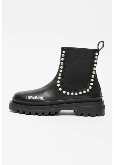 Ghete Chelsea de piele cu perle aplicate - Negru/Alb optic