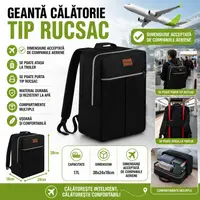 Rucsac, Geanta de calatorie, 17L, 38x24x18cm, Trusa Cosmetice Inclusa, Negru