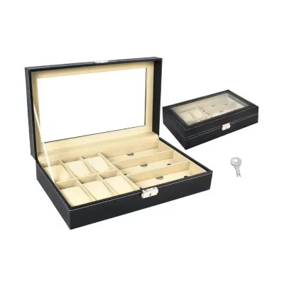 Caseta pentru ceasuri si bijuterii, 9 compartimente, inchidere cu cheie, design elegant