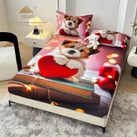 Cearsaf cu elastic, Bumbac FINET, Imprimeu 5D Identic cu Poza, 160x200cm, 2 fete de perne 50x70cm, Jojo Home, Multicolor, Catelus cu Inimioara