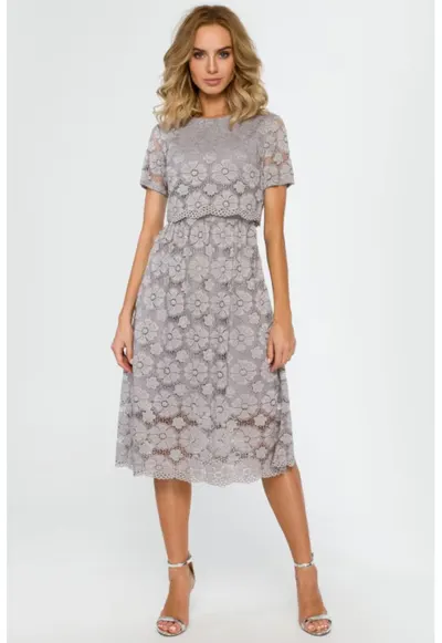 Rochie midi din dantela - - Gri