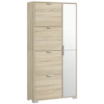 HOMCOM Etajeră pentru Pantofi cu Oglindă, 4 Sertare Rabatabile și 2 Dulapuri, 82x30x168 cm, Culoare Stejar | Aosom Romania