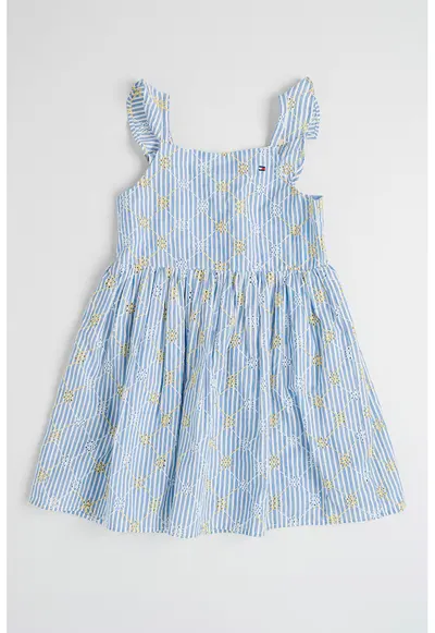Rochie cu dungi si broderie - Alb/Albastru lavanda/Galben pal