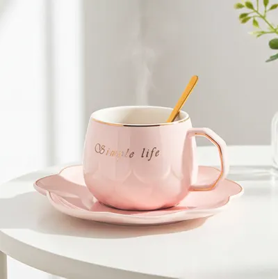 Ceașcă pentru cappuccino și ceai Morello - Simple Life, cu farfurioară și linguriță, 250 ml, roz