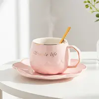 Ceașcă pentru cappuccino și ceai Morello - Simple Life, cu farfurioară și linguriță, 250 ml, roz