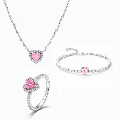 Set bijuterii Inel,Colier si Bratara Pink Heart Cu Argint