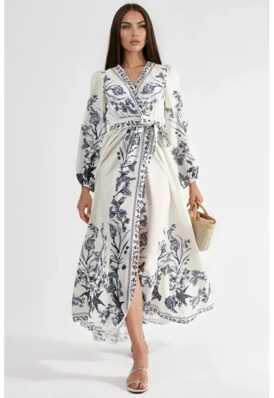 Rochie Maxi dama - Florala - Alb/Bleumarin - Poliester/Lycra