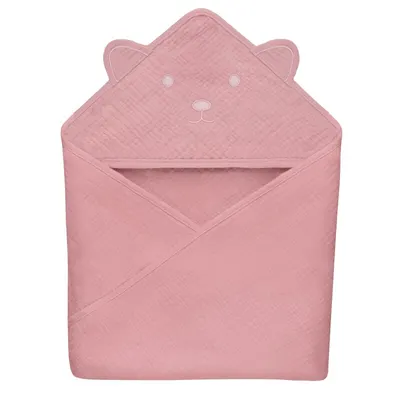 Prosop de baie, Lionelo, Cu gluga, Din muselina, 100% bumbac, 80x80 cm, Absorbtie eficienta, Roz