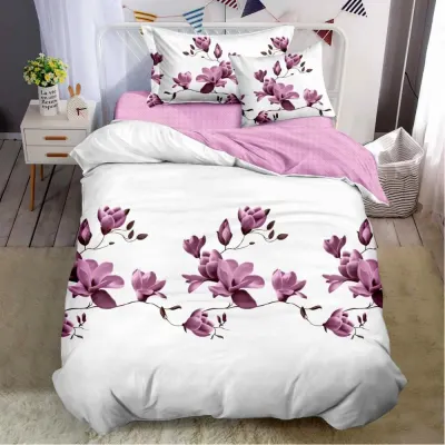 (OFERTA TRIO) Lenjerie pat 1 PERSOANA, FINET, 4 piese, cu ELASTIC, Roz, magnolii