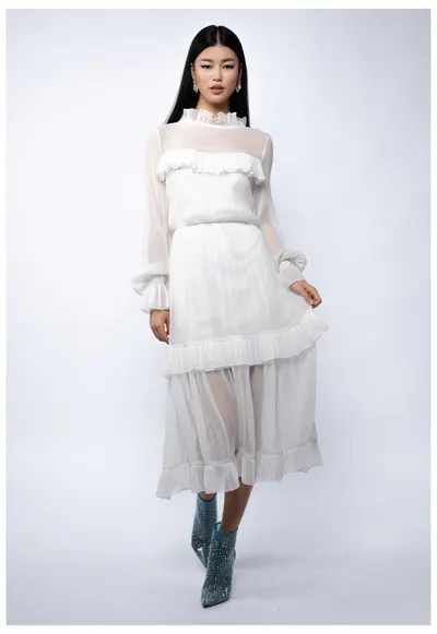 Rochie midi din voal de matase peliculizata cu volane delicate