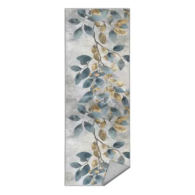 Covor tip traversă albastru deschis/auriu lavabil 80x200 cm Golden Leaves – Mila Home