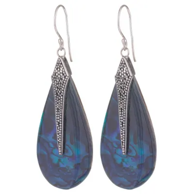 Cercei din argint 925 cu scoica naturala paua shell albastra si decoratiune minimalista de argint