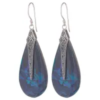Cercei din argint 925 cu scoica naturala paua shell albastra si decoratiune minimalista de argint