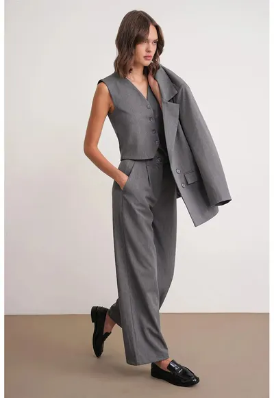 Pantaloni dama - Palazzo plisati - cu buzunare - gri inchis - textil
