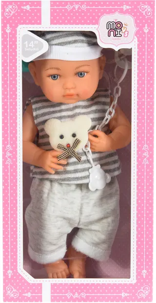 Păpuşă Moni Toys -Cu haine gri, suzetă și biberon, 36 cm