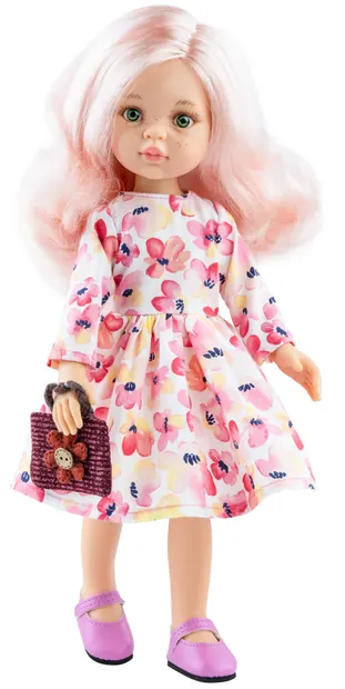 Papusa Paola Reina Amigas - Rosa, cu par roz, rochie florala si geanta, 32 cm