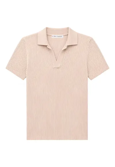 Bluza dama - guler polo - textura reiata - bej natural - 100% poliamida