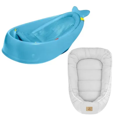 Set Cadita inteligenta, Skip Hop, Pentru 3 etape de crestere, Albastru si cosulet bebelus, Qmini, 55 x 75 cm, Husa 100% muselina dubla, Grey