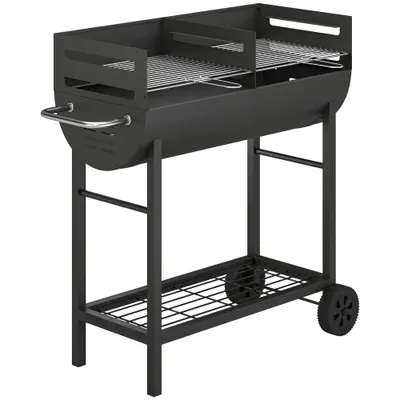 Outsunny Grătar pe cărbune cărucior cu 2 zone de gătit grilă reglabilă pe înălțime raft pentru lemne roți mâner lateral, 103 x 46,5 x 100cm | Aosom Romania
