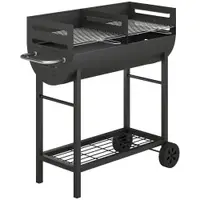 Outsunny Grătar pe cărbune cărucior cu 2 zone de gătit grilă reglabilă pe înălțime raft pentru lemne roți mâner lateral, 103 x 46,5 x 100cm | Aosom Romania