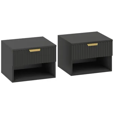 HOMCOM Set de 2 noptiere suspendate, noptiere murale cu sertar și nișă, moderne, 40x34x29cm, negru | Aosom Romania