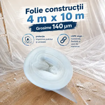 Folie construcții 4 m x 10m, natur- 140 microni- 40 mp