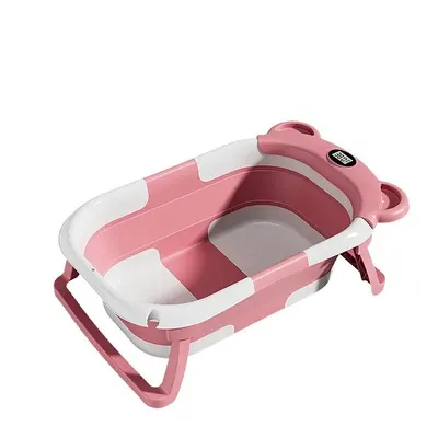 Cadita bebelusi ultrapliabila Little Mom Bear Pink, cu pernuta moale detasabila, termometru incorporat, display digital,suport cap de dus, sistem de agatare, dop pentru evacuarea apei, material non-toxic