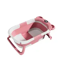 Cadita bebelusi ultrapliabila Little Mom Bear Pink, cu pernuta moale detasabila, termometru incorporat, display digital,suport cap de dus, sistem de agatare, dop pentru evacuarea apei, material non-toxic