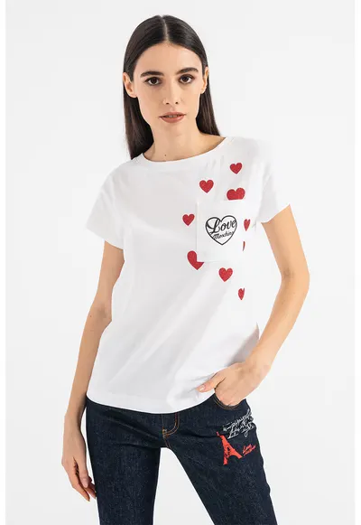 Tricou cu imprimeu si buzunar pe piept - Rosu/Alb optic