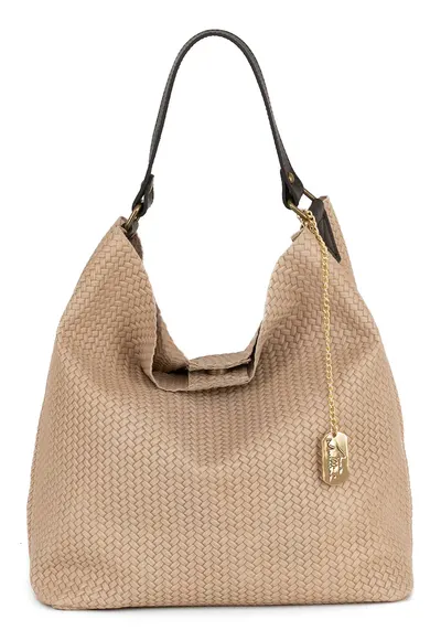 Geanta hobo de piele cu aspect impletit Sebastiana - Maro deschis