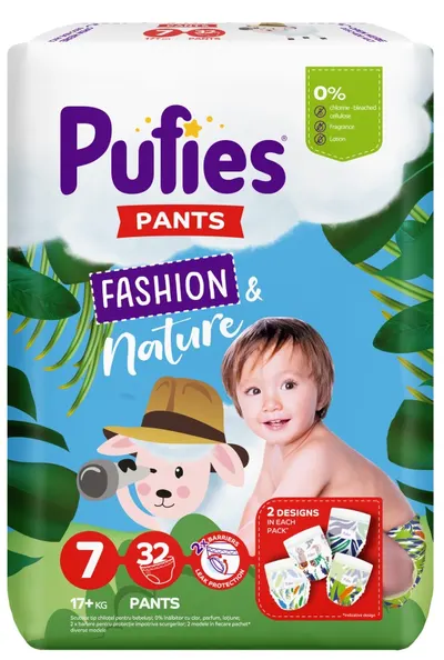 Scutece chilotei Pufies Fashion & Nature - Dimensiune 7, 32 buc. , 17+ kg, Maxi pack