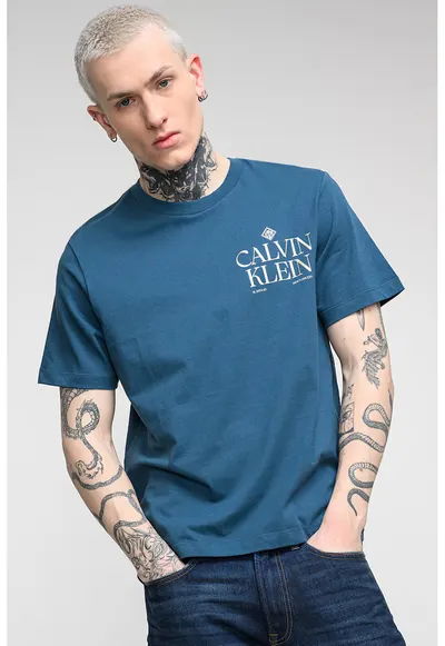 Tricou de bumbac cu decolteu la baza gatului si logo - Albastru petrol