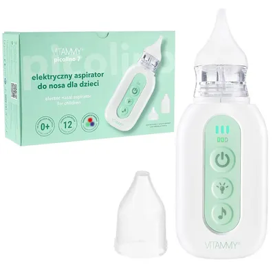 Aspirator nazal electric pentru copii din prima zi de viata Vitammy Picolino 7 cu 2 capete de schimb, 3 niveluri de putere, 12 melodii, iluminare colorata si incarcare USB-C