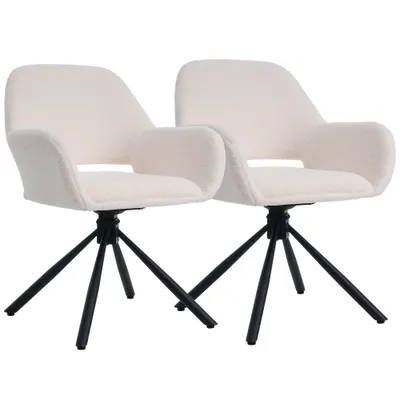 Set de 2 scaune de dining moderne, tapițate în sherpa, cu cotiere și funcție rotativă, Alb