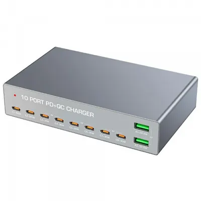 Incarcator Statie OEM WLX-X6Y, 140W, 5A, 2 x USB-A - 8 x USB-C, Argintiu