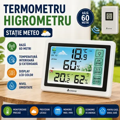 Termometru si Higrometru Profesional de Camera si Exterior cu Transmitatoare Wireless, 60 m Raza Actiune, Ecran LCD, Iluminare de Fundal, Touch, Alb